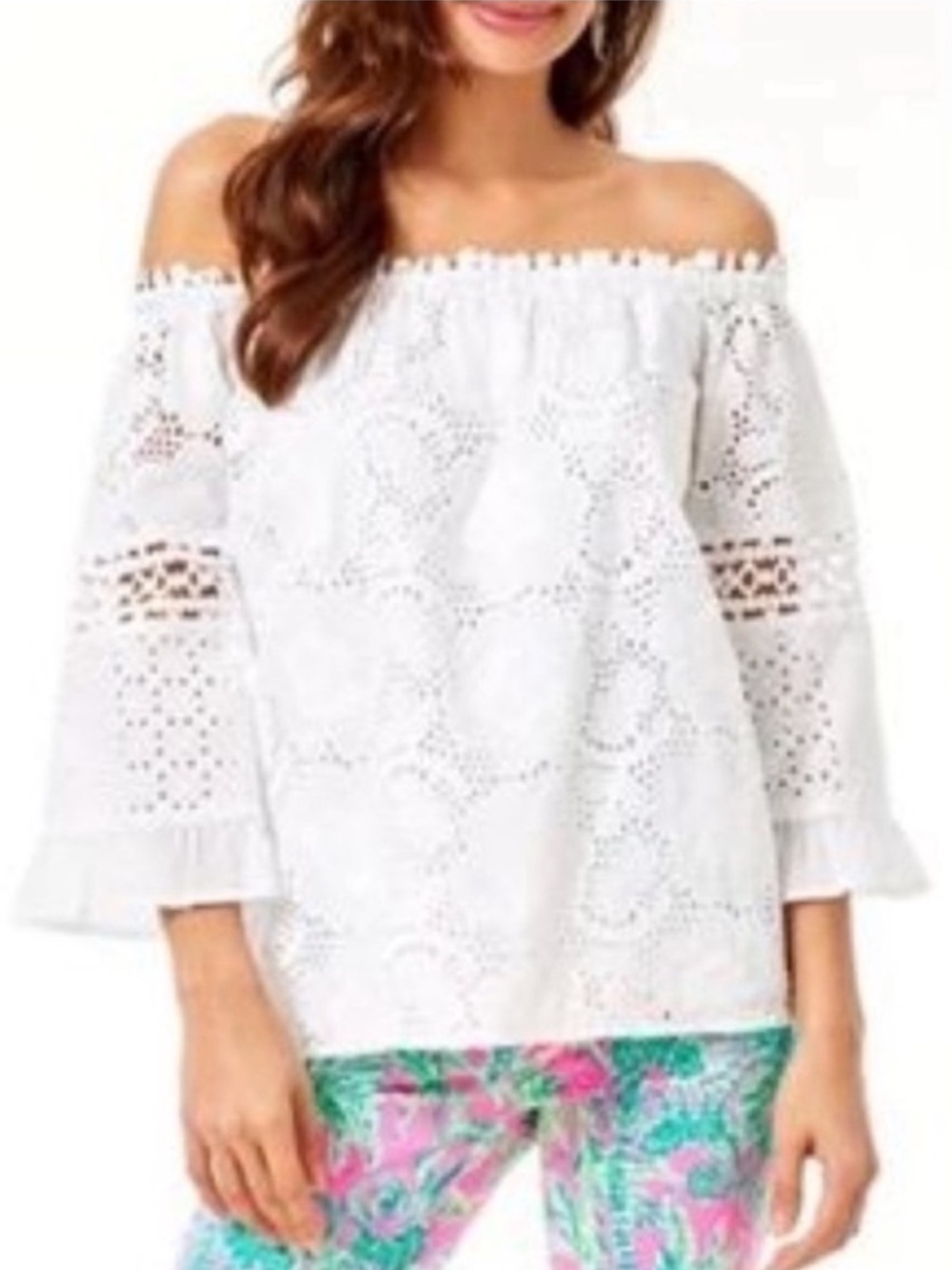 Lilly Pulitzer White Off the Shoulder 3/4 Sleeve Eyelet Laurenne Top Size Small